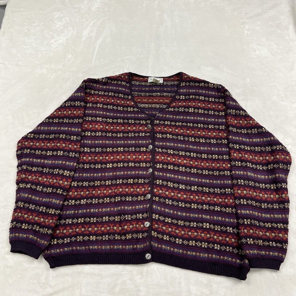 L.L. Bean Cardigan Sweater Womens Large Purple Fair Isle Button Front V-Neck